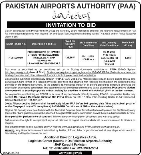 Pakistan Airports Authority Karachi Tender Notice